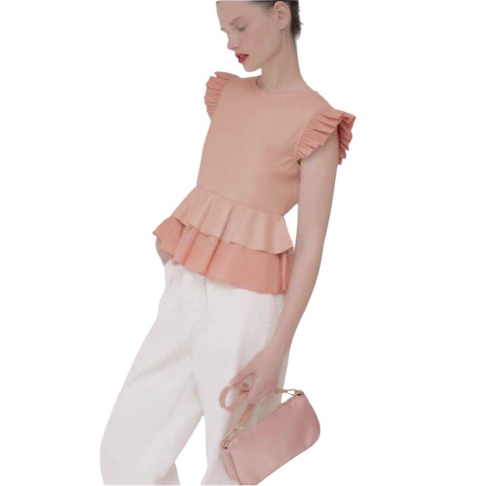 ZARA Peplum Blouse Faux Leather and Fabric Salmon Color Size Small